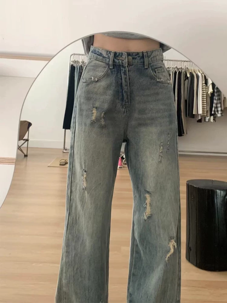 Quần jean rách màu xanh cổ điển hình quả lê dành cho nữ, cỡ lớn mùa thu, cạp cao, dáng rộng, che hông, quần ống rộng giảm béo