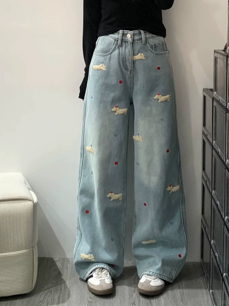 Quần jean ống đứng thêu hình chó dachshund dành cho nữ, phong cách thu đông, cỡ lớn, lưng cao, dáng rộng, dáng suông, quần ống rộng lót lông cừu