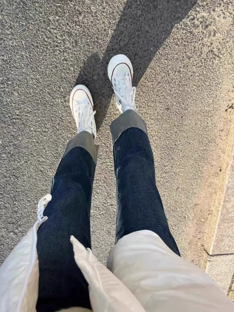 Quần jean ống đứng dáng lê dành cho nữ, kiểu dáng mùa thu mới, cỡ lớn, lưng cao, co giãn, che hông, quần thuốc lá tôn dáng