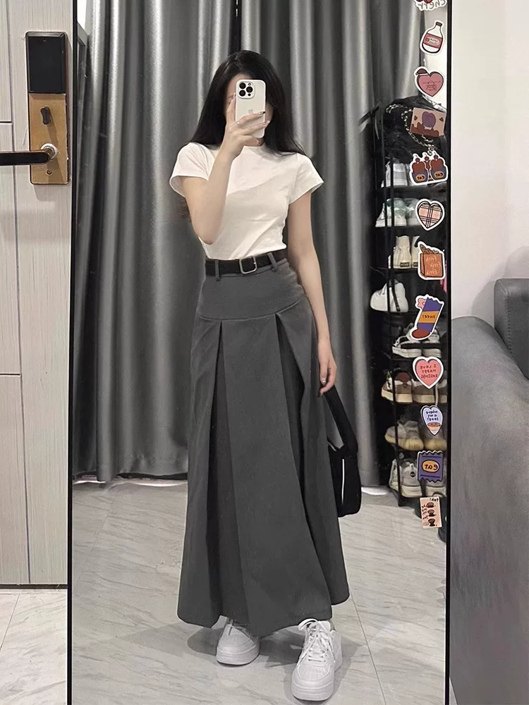 Váy liền thân dáng lê dành cho nữ, kiểu dáng mỏng mùa hè, cỡ lớn, lưng cao, che hông, váy chữ A thon gọn, váy xếp ly.