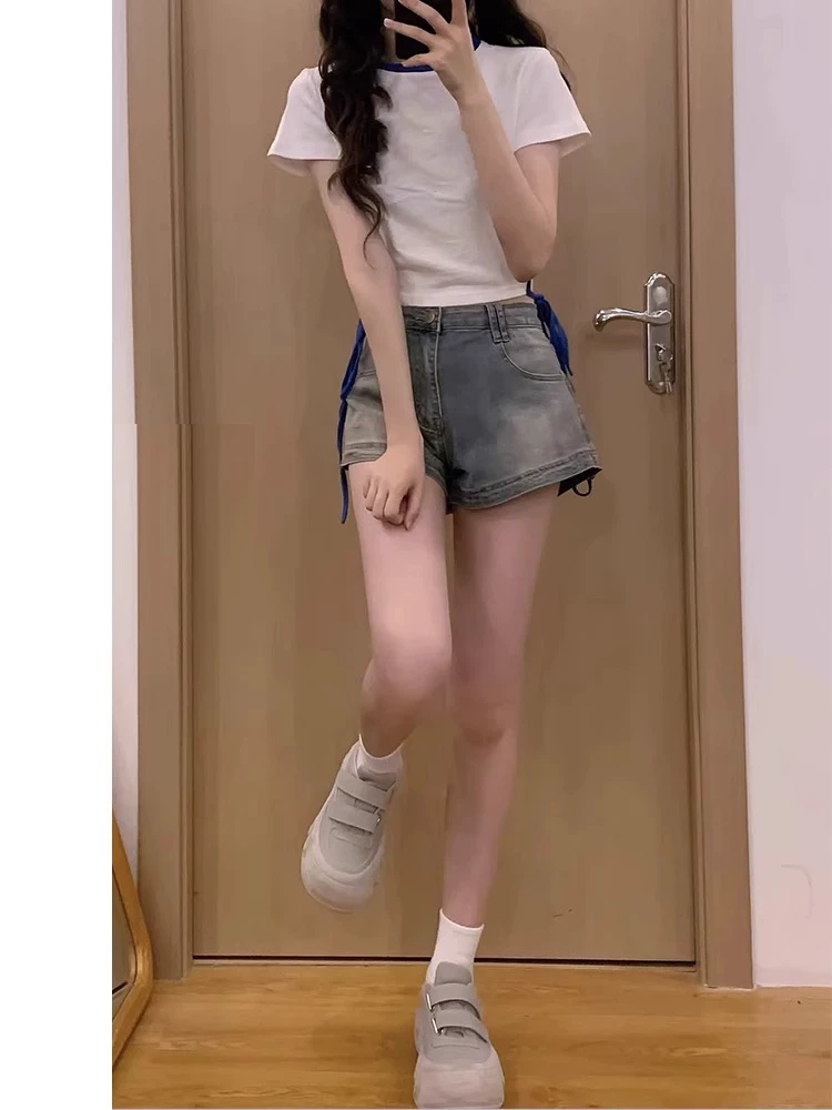 Quần short denim nữ cho mùa hè, cỡ lớn, phong cách cổ điển Mỹ, quần short hot girl, cạp cao, co giãn, che hông, quần short chữ A giảm béo