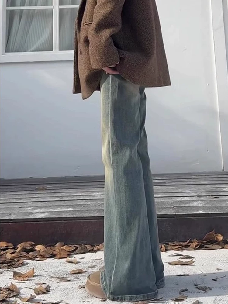 Quần jeans ống loe màu xanh retro dành cho nữ mùa thu đông, lót lông cừu, size lớn, eo cao, tôn dáng, co giãn, dành cho người có dáng quả lê, quần ống chuông