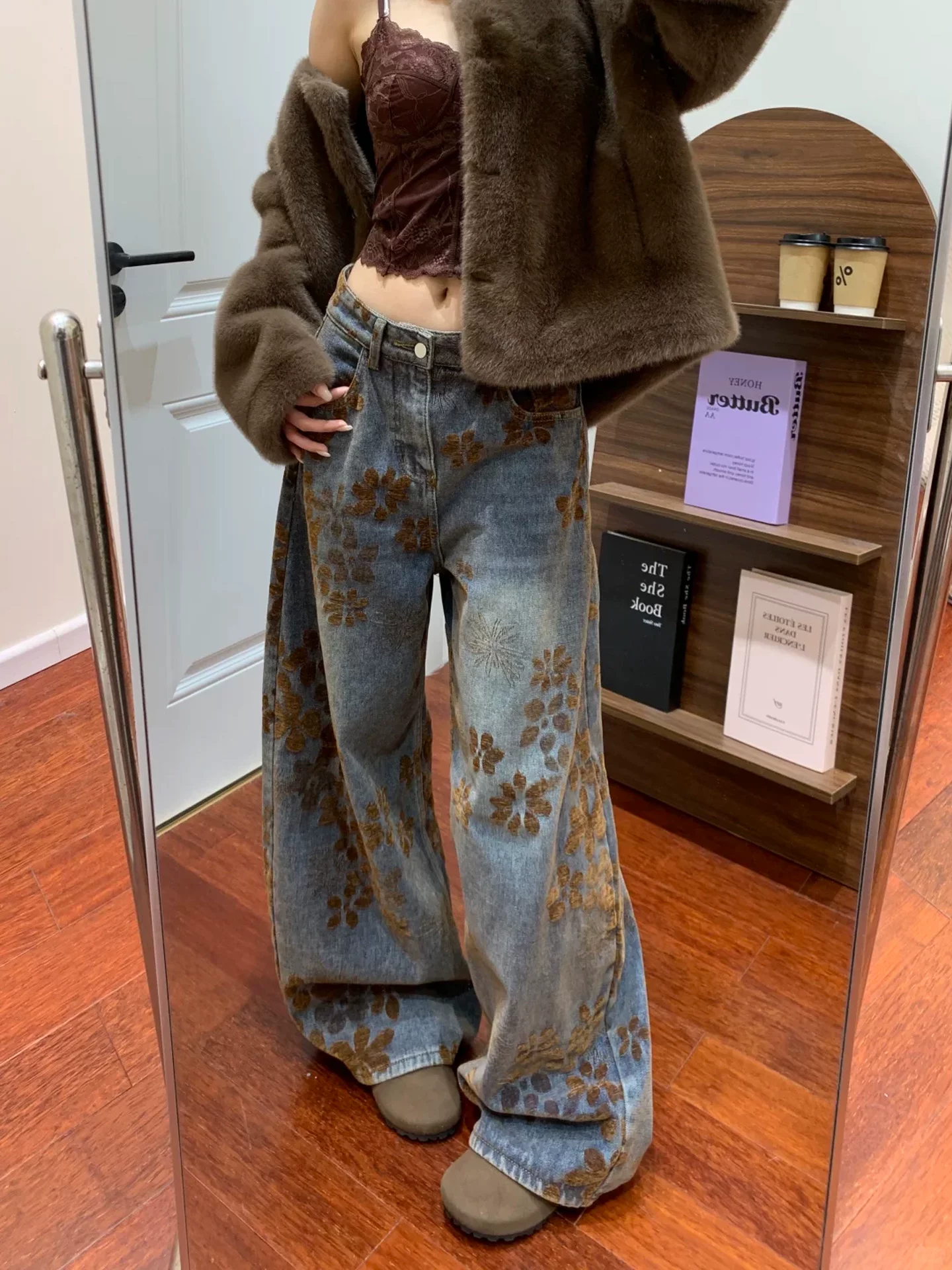 Quần jean ống rộng kiểu cổ điển Mỹ dành cho nữ, phong cách thu đông, cỡ lớn, lưng cao, dáng rộng, mềm mại, quần scimitar tôn dáng.