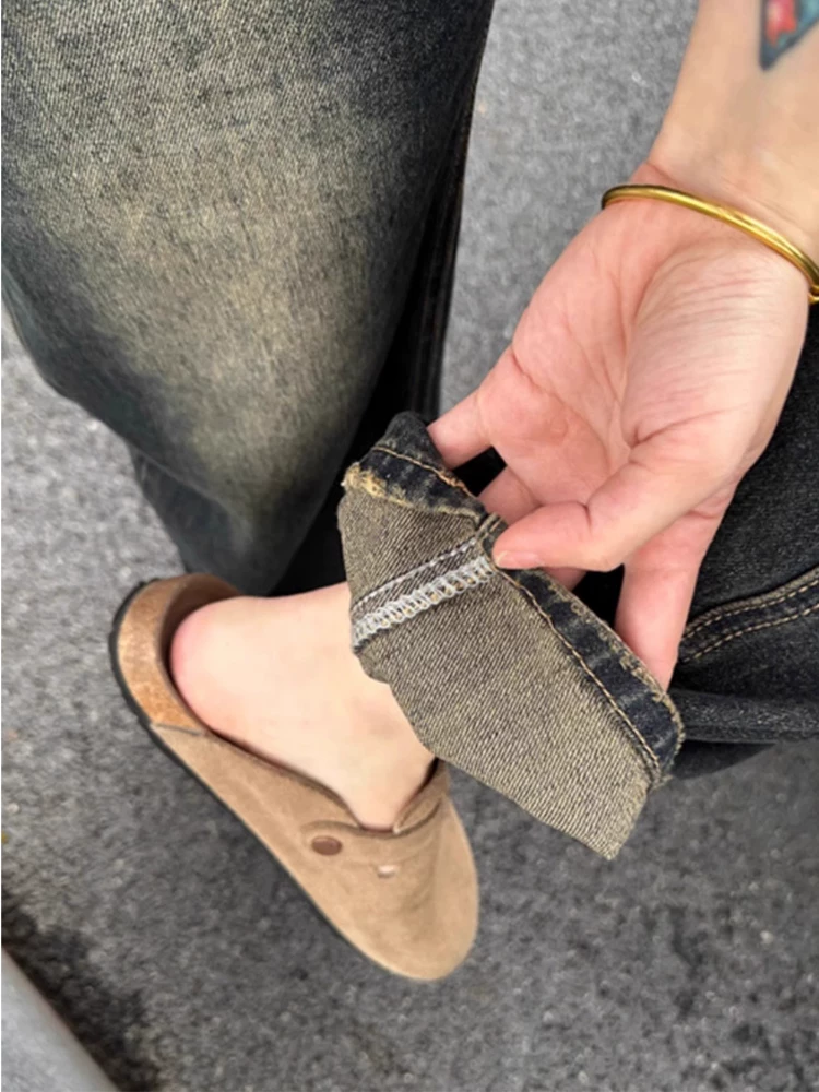 Quần jean ống đứng dáng quả lê hơi loe dành cho nữ, đầu thu, size lớn, lưng cao, rộng rãi, tôn dáng, không bó sát, quần ống rộng