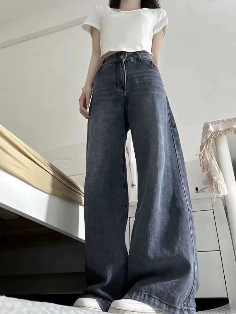 Quần jean ống loe màu đen và xám dành cho nữ, kiểu dáng mùa thu mới, cỡ lớn, cạp cao, dáng rộng, che hông, giảm béo, quần ống rộng chuông.