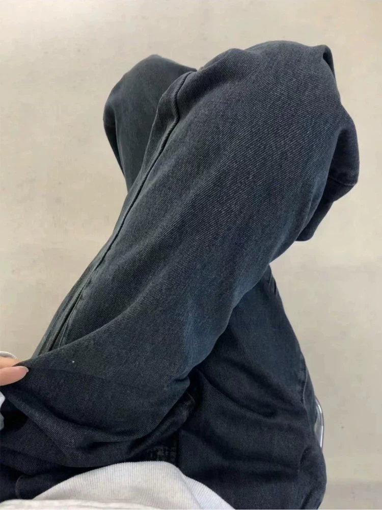 Quần jean ống đứng màu đen và xám dành cho nữ, cỡ lớn, cạp cao mùa thu, dáng rộng, tôn dáng, dáng quả lê, quần ống rộng, dài chạm sàn