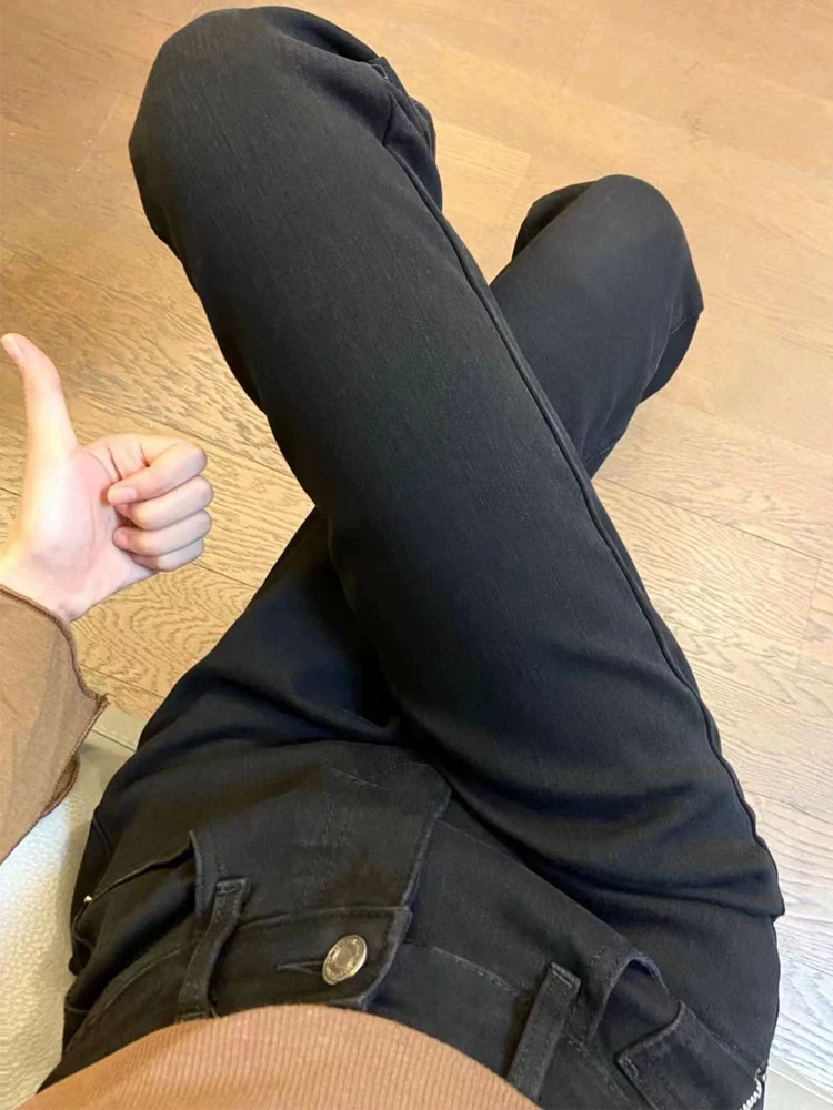 Quần jean ống thẳng dáng quả lê dành cho nữ, cỡ lớn, lót lông cừu, lưng cao, co giãn, che hông, giảm béo, quần ống rộng hẹp