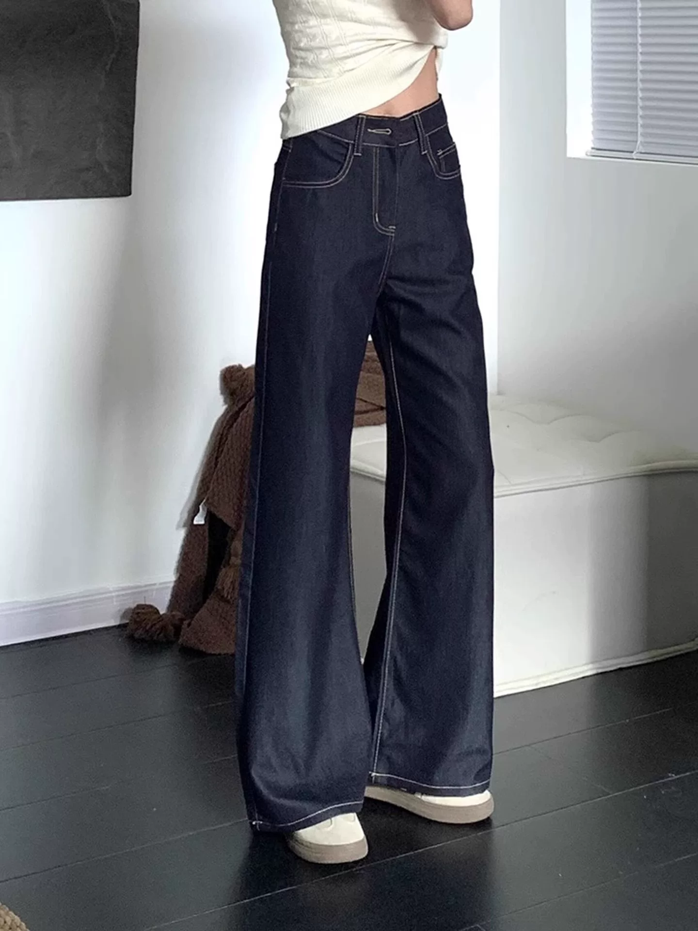 Quần jean ống thẳng màu xanh denim dành cho nữ, kiểu dáng mỏng mùa hè, cỡ lớn, lưng cao, tôn dáng, quần ống rộng bằng vải lụa băng mềm mại.