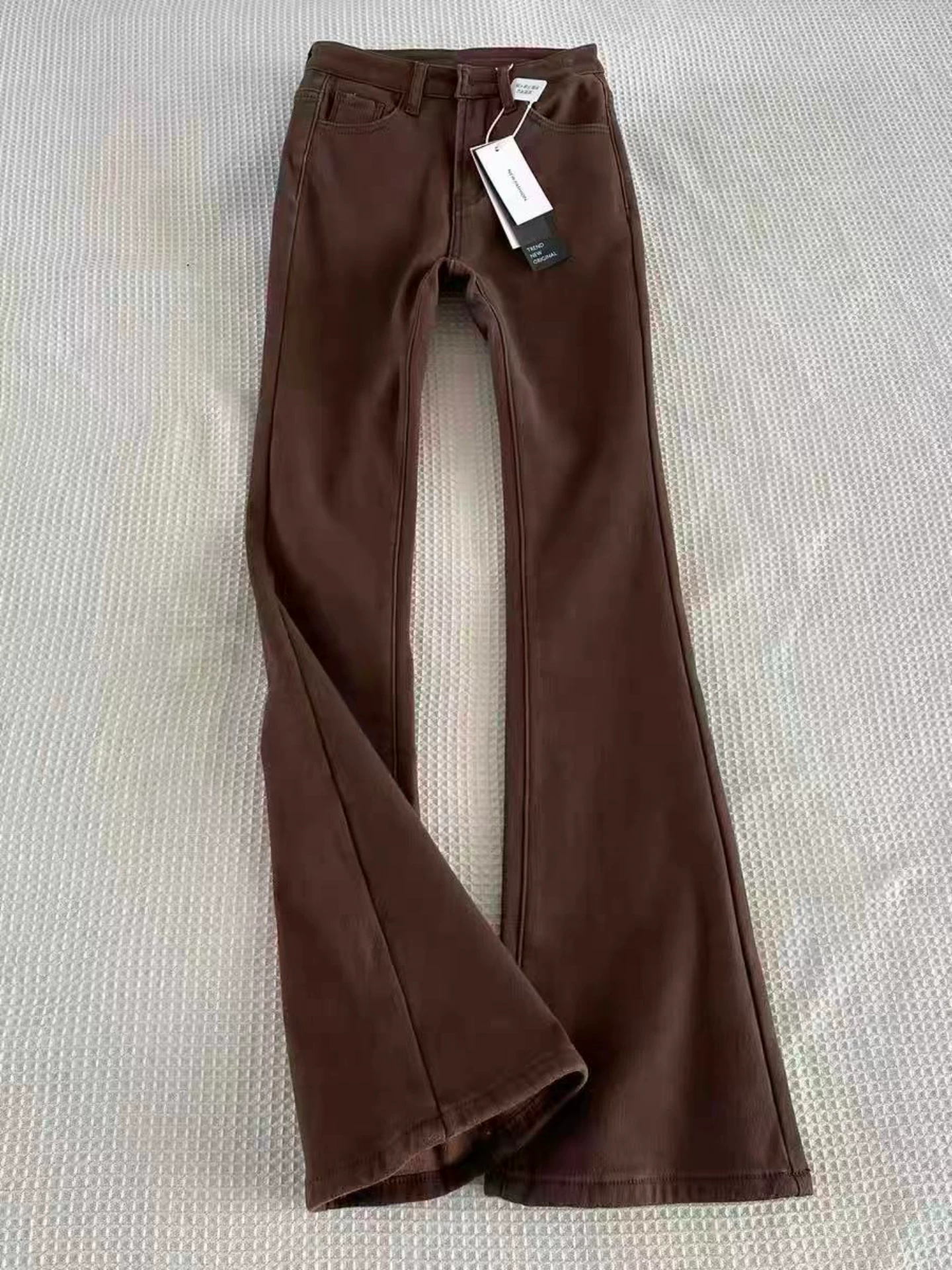 Quần jean ống loe dày lót lông màu cà phê Melard dành cho nữ, mùa thu đông, cỡ lớn, cạp cao, giảm béo, quần ống loe co giãn.