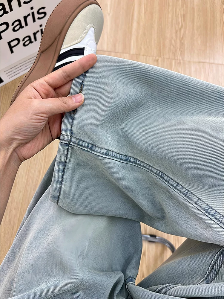 Quần jean ống rộng màu xanh nhạt bằng vải lụa băng dành cho nữ, kiểu dáng mỏng mùa hè, cỡ lớn, lưng cao, mềm mại, tôn dáng, ống thẳng, quần dài chạm sàn