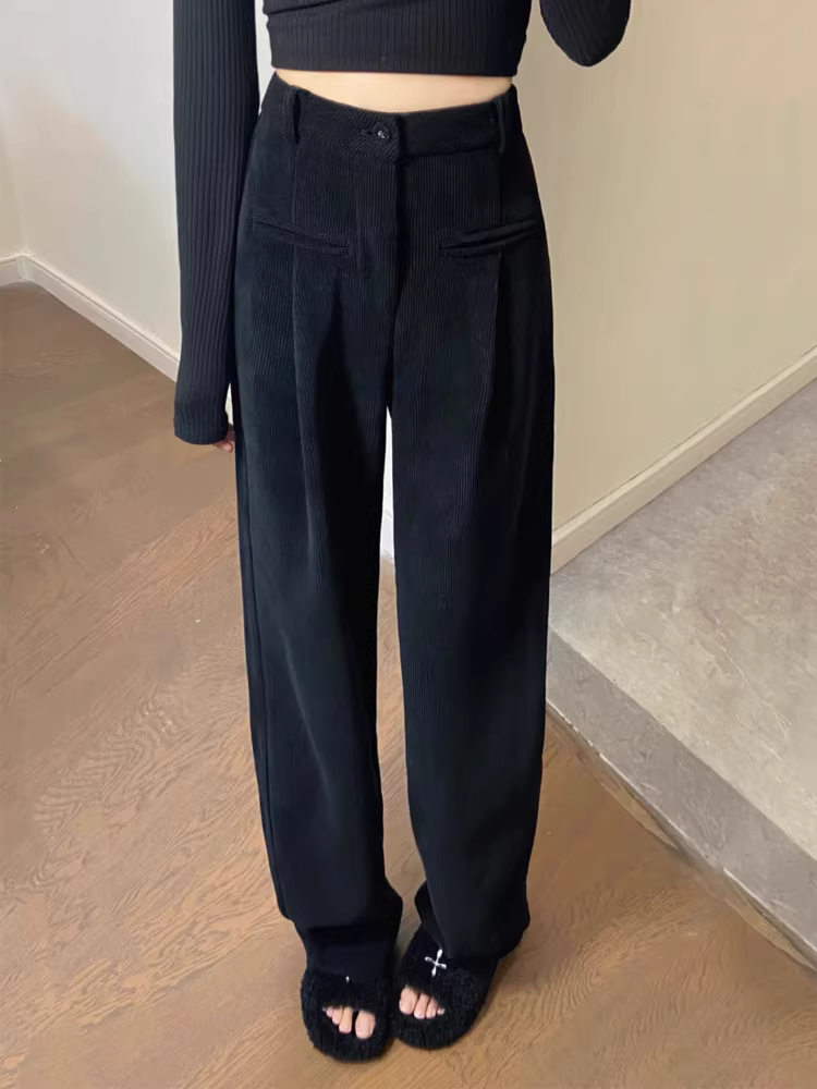 Quần âu nữ chất liệu corduroy mùa thu đông 2024 kiểu mới, lót lông dày dặn, size lớn, cạp cao, dáng suôn, che hông, tôn dáng, ống rộng