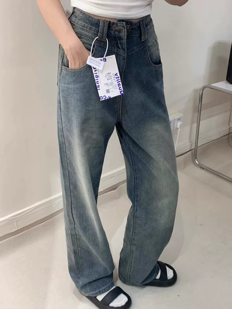 Quần jean ống thẳng họa tiết ngôi sao dành cho nữ có thân hình quả lê, đầu thu, cỡ lớn, lưng cao, dáng rộng, dáng thon gọn, ống rộng, quần dài chạm sàn