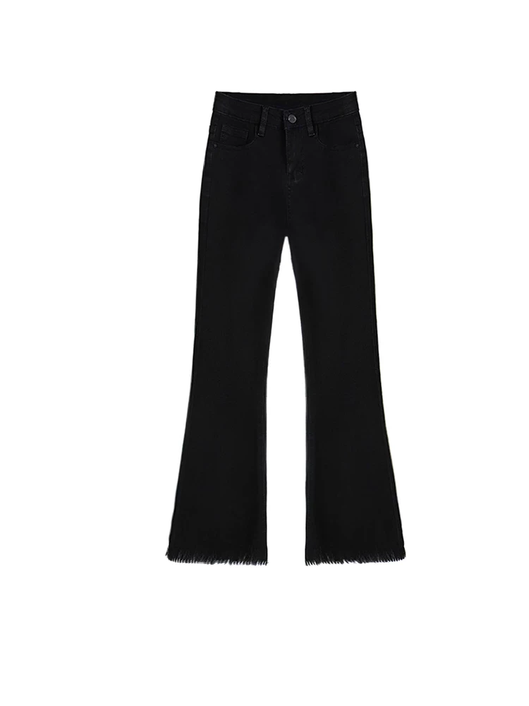 Quần jean ống đứng xòe có lớp lót lông cừu và tua rua dành cho nữ, cỡ lớn mùa đông, quần ống loe co giãn cạp cao tôn dáng mùa xuân