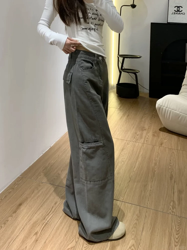 Quần jeans công sở màu xám đậm kiểu Mỹ dành cho nữ, xuân 2025, size lớn, cạp cao, dáng rộng, tôn dáng, ống thẳng, ống rộng