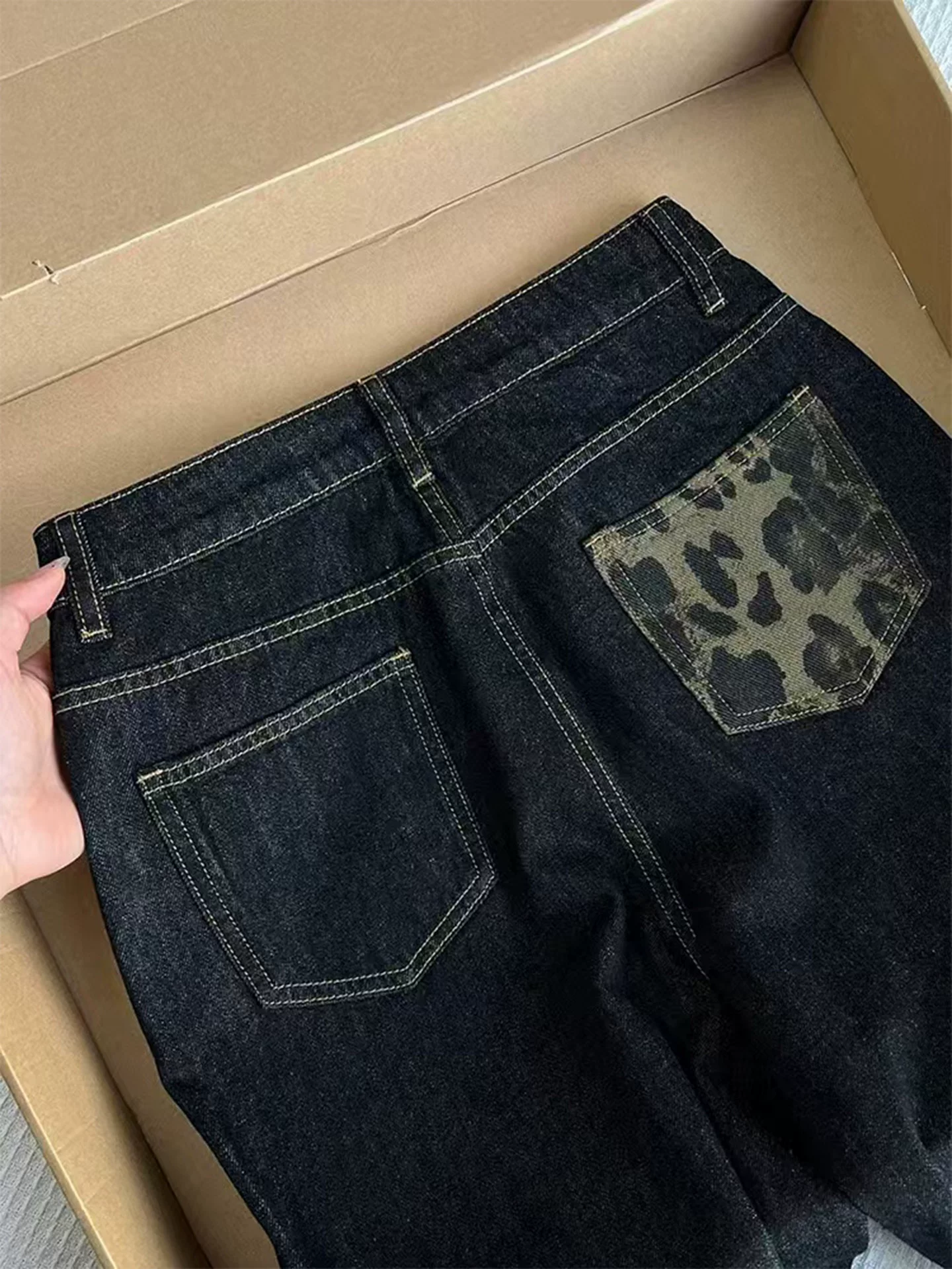 Quần jean chắp vá họa tiết da báo cổ điển dành cho nữ, mùa thu, cỡ lớn, dáng rộng, giảm béo, lưng cao, dáng quả lê, quần ống rộng thẳng