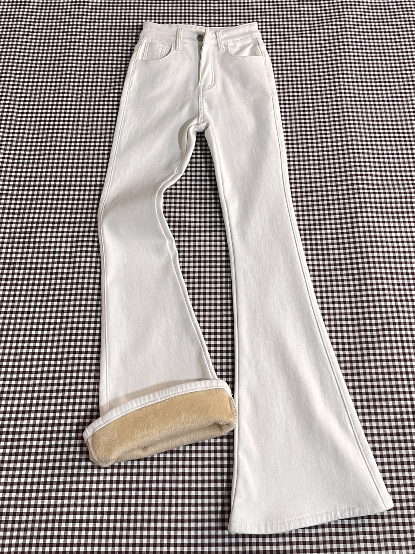 Quần jean ống loe lót lông cừu màu trắng dành cho nữ, mùa thu đông, cỡ lớn, lưng cao, co giãn, che hông, giảm béo, quần dài ống loe