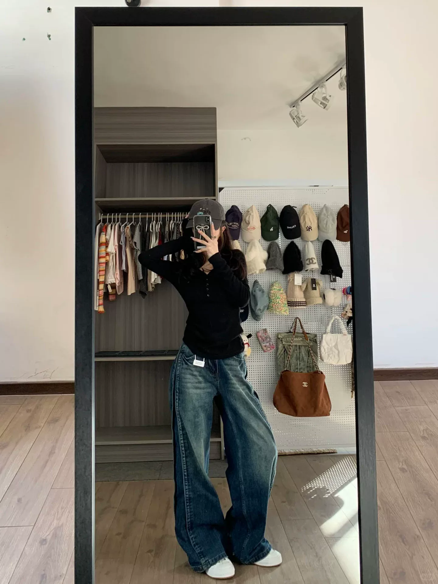 Quần jeans ống rộng kiểu Mỹ cổ điển dành cho nữ, thu đông 2025, size lớn, cạp cao, dáng rộng, tôn dáng, dài chấm đất