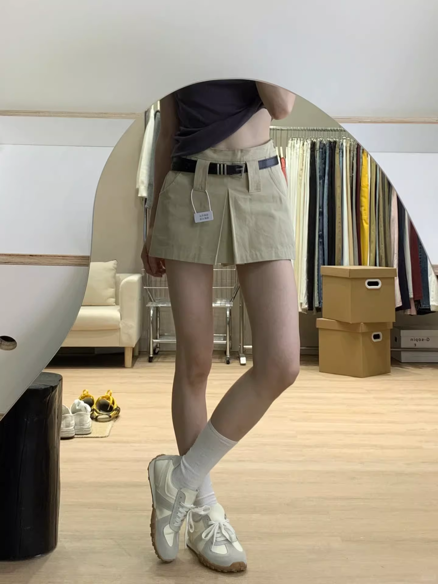 Váy ngắn denim kaki nữ, kiểu mới hè 2025, size lớn, cạp cao, che hông, tôn dáng, kiểu dáng chữ A, hot girl.