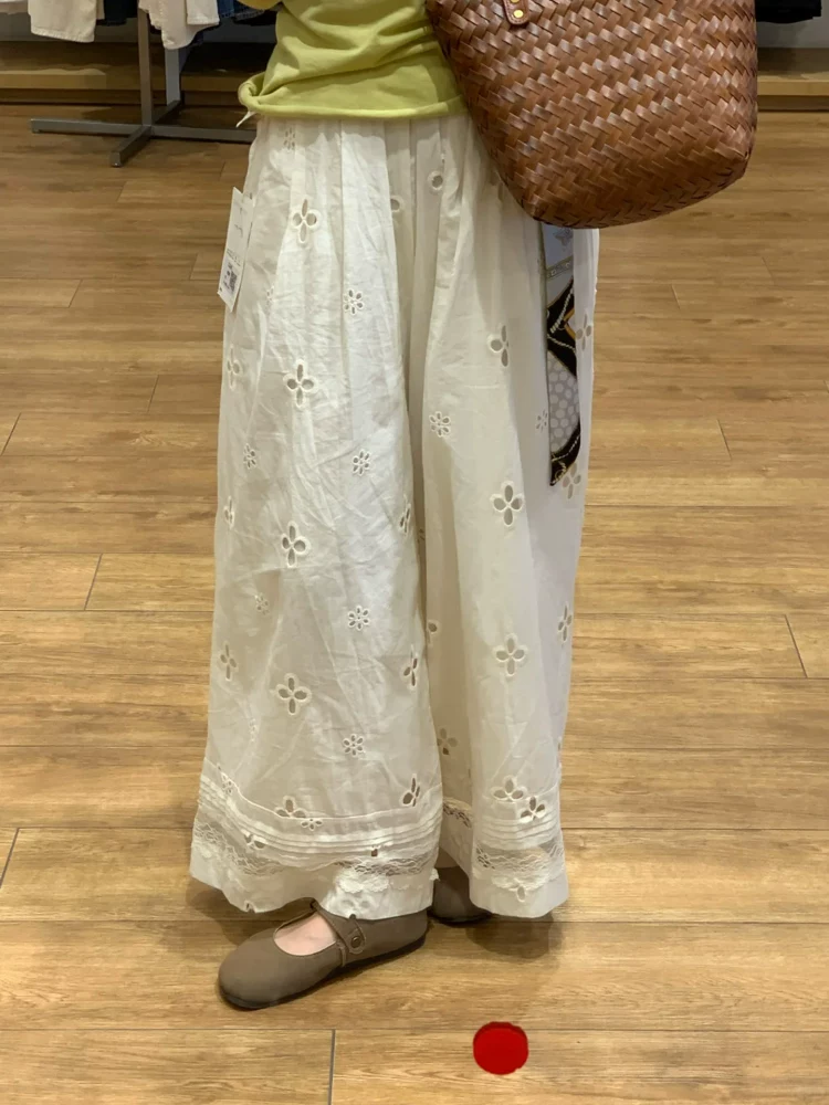 Quần ống rộng thường ngày màu trắng, kiểu vá chắp, dành cho nữ, cỡ lớn mùa hè, lưng cao, dáng rộng, tôn dáng, kiểu quần Miyuki Yamamoto.