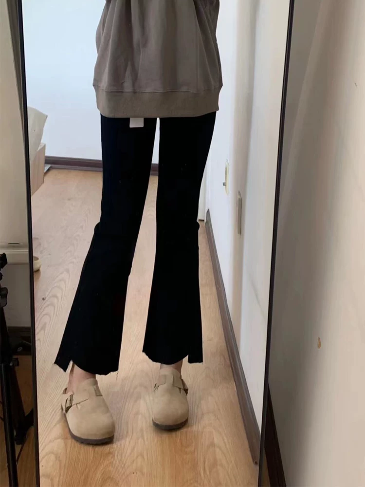 Quần jean dáng quả lê không đều cho phụ nữ cỡ lớn, phong cách đầu thu, lưng cao, co giãn, che hông, giảm béo, quần ống loe nhỏ nhắn