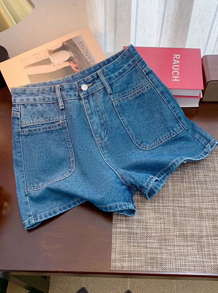 Quần short denim dáng chữ A dành cho nữ, size lớn mùa hè, cạp cao, che hông, dáng nhỏ nhắn, tôn dáng, quần ống rộng