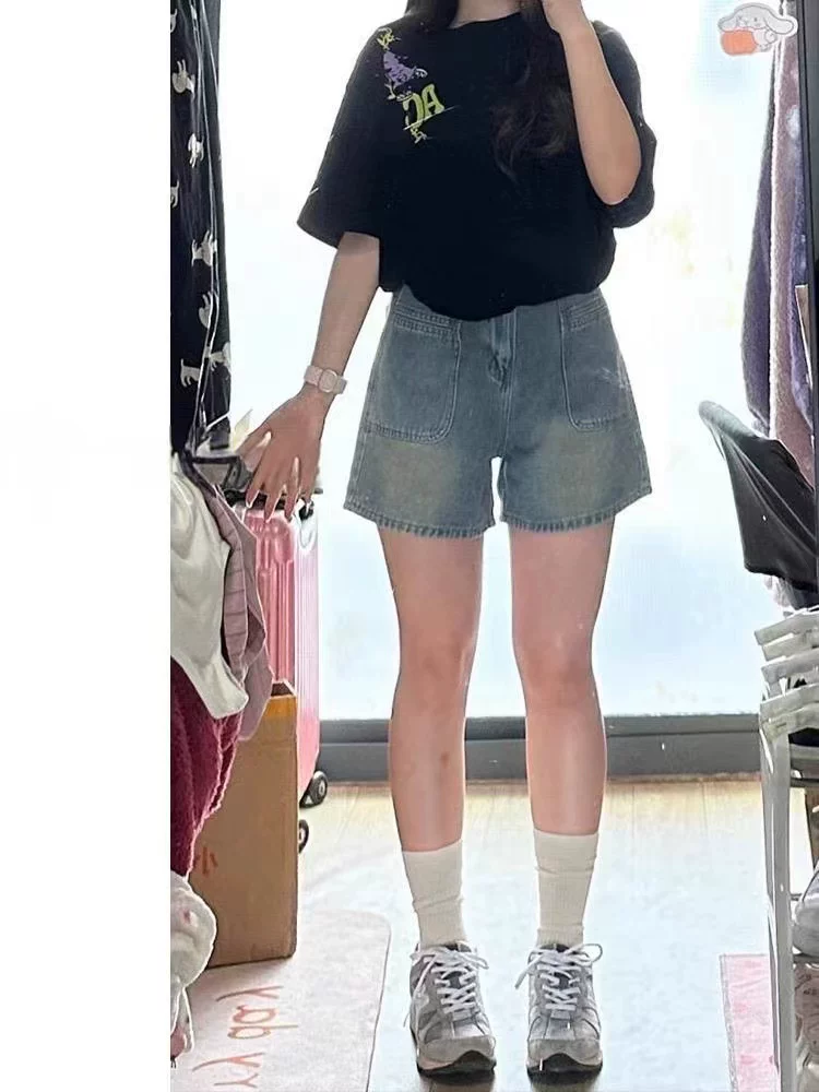 Quần short denim cổ điển dành cho nữ, kiểu dáng mỏng mùa hè, cỡ lớn, cạp cao, dáng rộng, che hông, quần ống rộng chữ A tôn dáng.