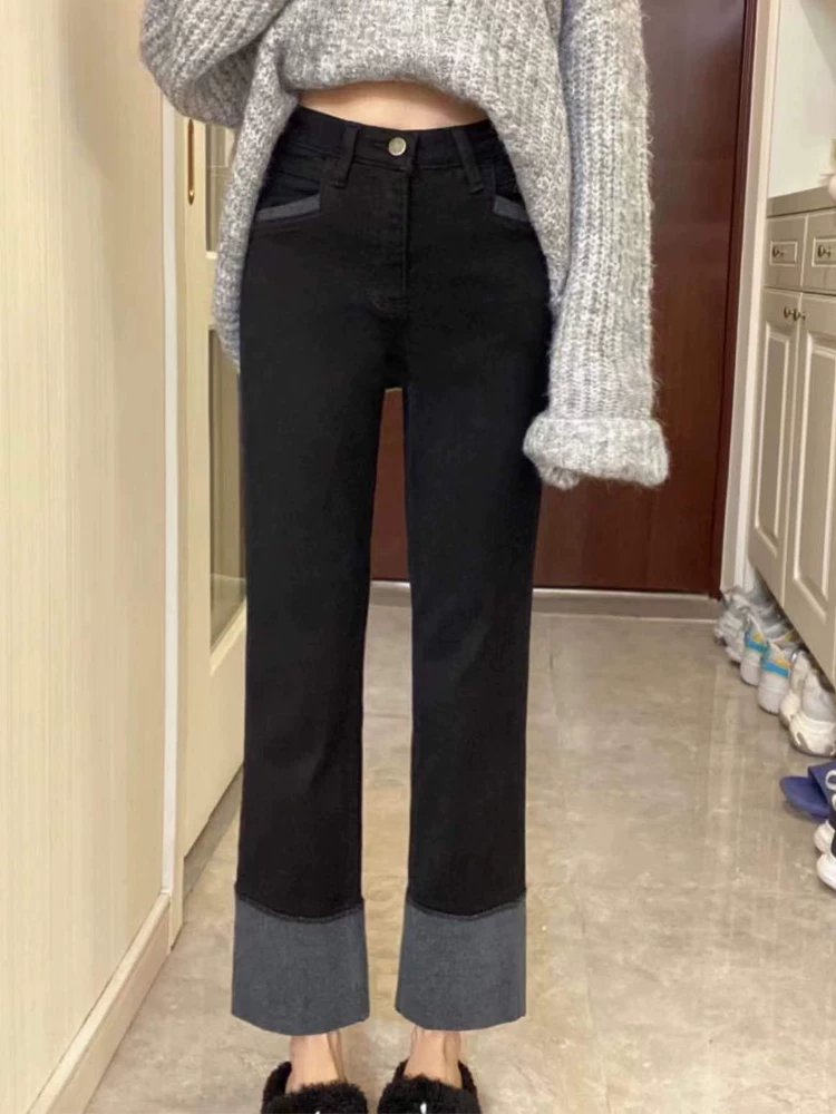 Quần jean ống đứng viền lượn sóng dành cho nữ, mùa thu, cỡ lớn, lưng cao, co giãn, che hông, giảm béo, dáng quả lê, quần ống thuốc lá, dài ngang mắt cá chân.