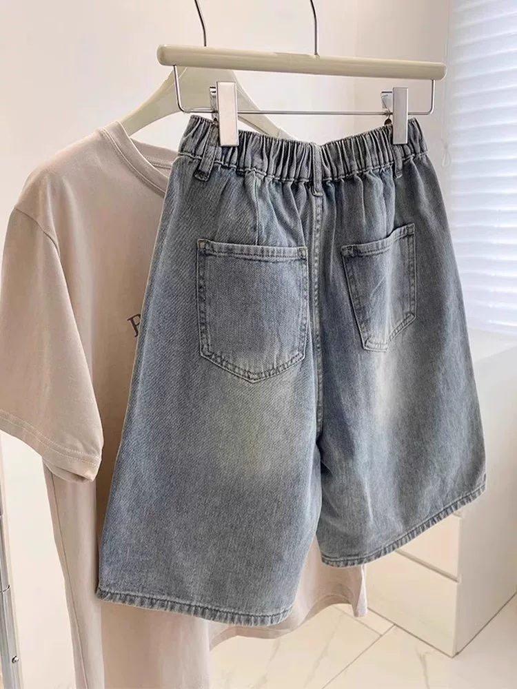 Quần short denim năm điểm dáng quả lê dành cho nữ, cỡ lớn mùa hè, lưng cao, dáng rộng, che hông, quần ống rộng giảm béo, quần dài vừa phải.