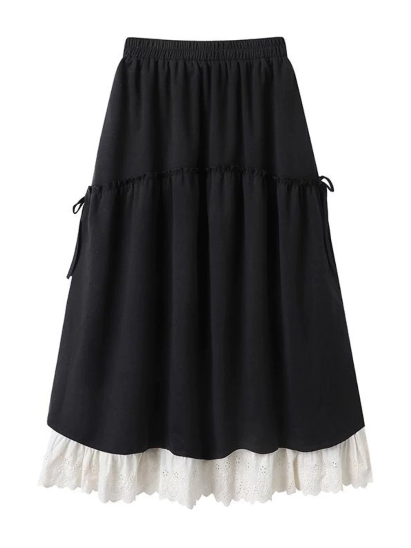 Váy chắp vá viền ren màu đen dành cho nữ, mùa thu đông, cỡ lớn, lưng cao, thon gọn, váy dài xếp tầng chữ A xếp tầng.