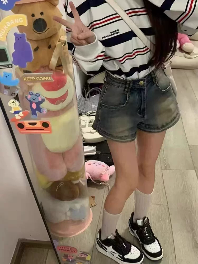 Quần short denim dáng lê dành cho nữ, size lớn mùa hè, kiểu Mỹ cổ điển, cạp cao, co giãn, tôn dáng, dáng chữ A, ống rộng, quần short ngắn