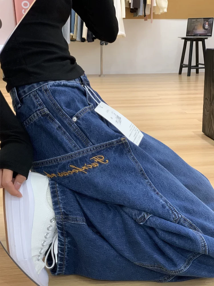 Quần jeans dáng scimitar vintage nữ xuân 2025, size lớn, cạp cao, rộng rãi, tôn dáng, ống rộng, dài chạm sàn