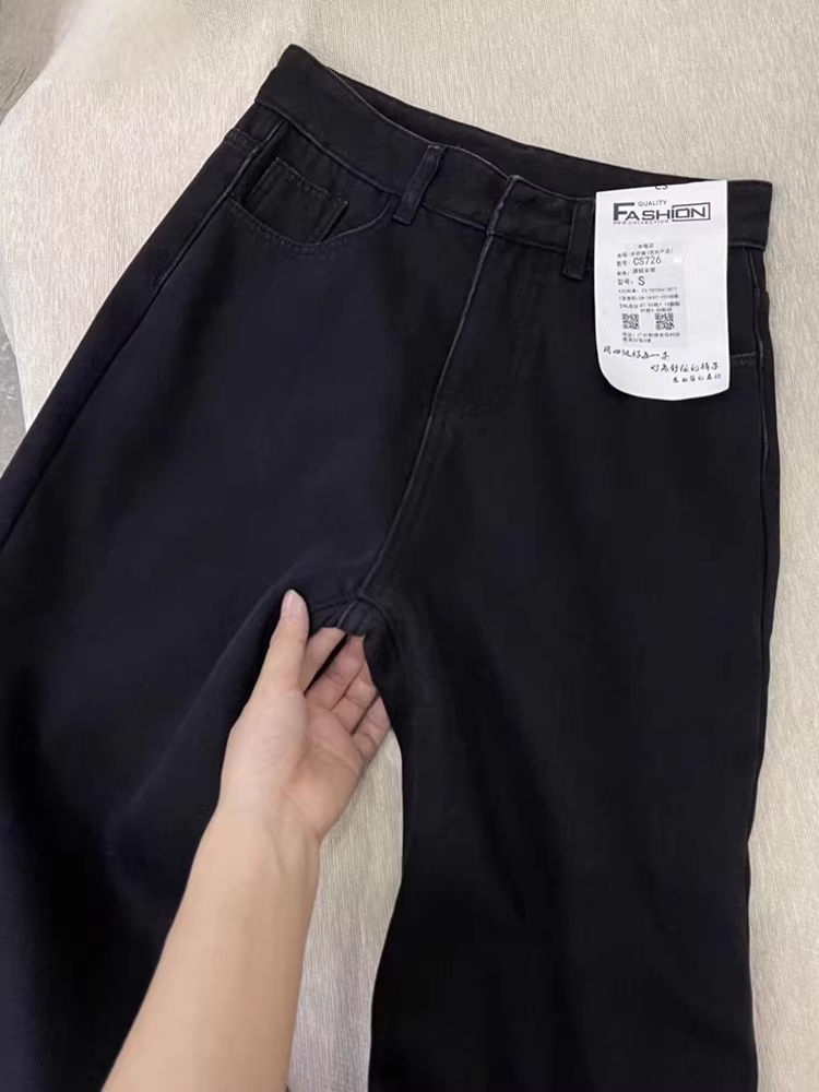 Quần jean ống đứng màu đen dành cho nữ, kiểu dáng thu đông mới, cỡ lớn, lót lông cừu, dày dặn, lưng cao, rộng rãi, tôn dáng, quần ống rộng.