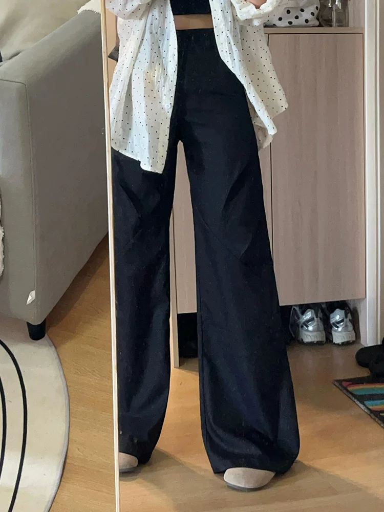 Quần âu đen thường ngày dành cho nữ, kiểu dáng mùa thu mới, cỡ lớn, lưng cao, dáng rộng, tôn dáng, nhỏ nhắn, quần ống rộng thoải mái.