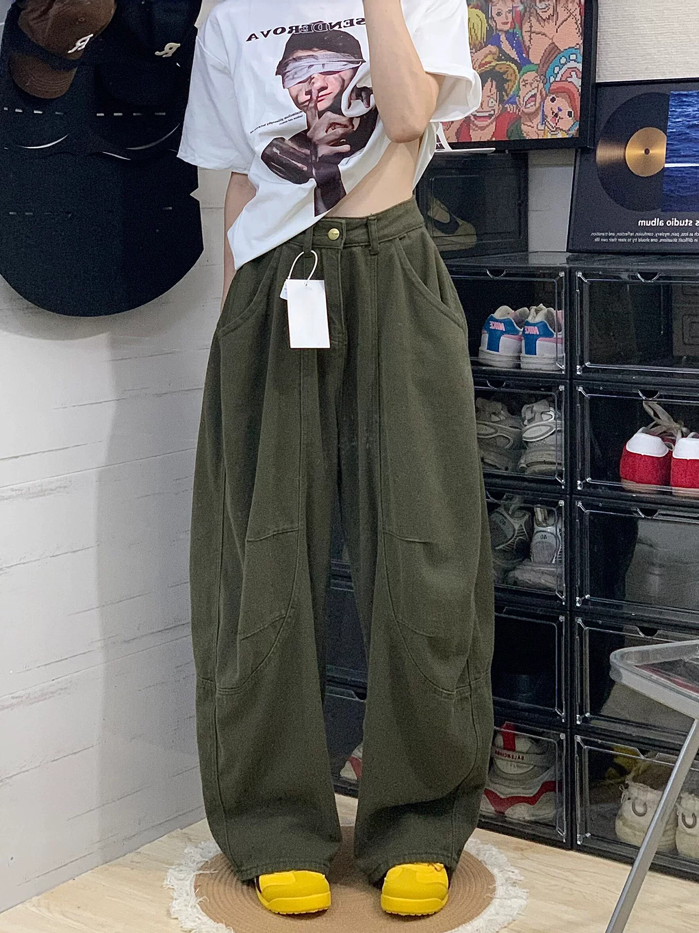 Quần jean màu xanh quân đội dành cho nữ, mùa thu, cỡ lớn, lưng cao, dáng rộng, giảm béo, dáng quả lê, quần ống rộng kiểu công sở