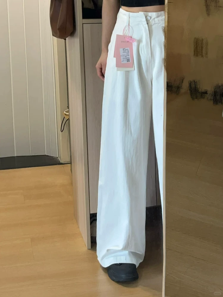 Quần jean ống đứng màu trắng có họa tiết dành cho nữ, mùa hè, cỡ lớn, hông rộng, chân dày, eo cao, giảm béo, dáng quả lê, quần ống rộng