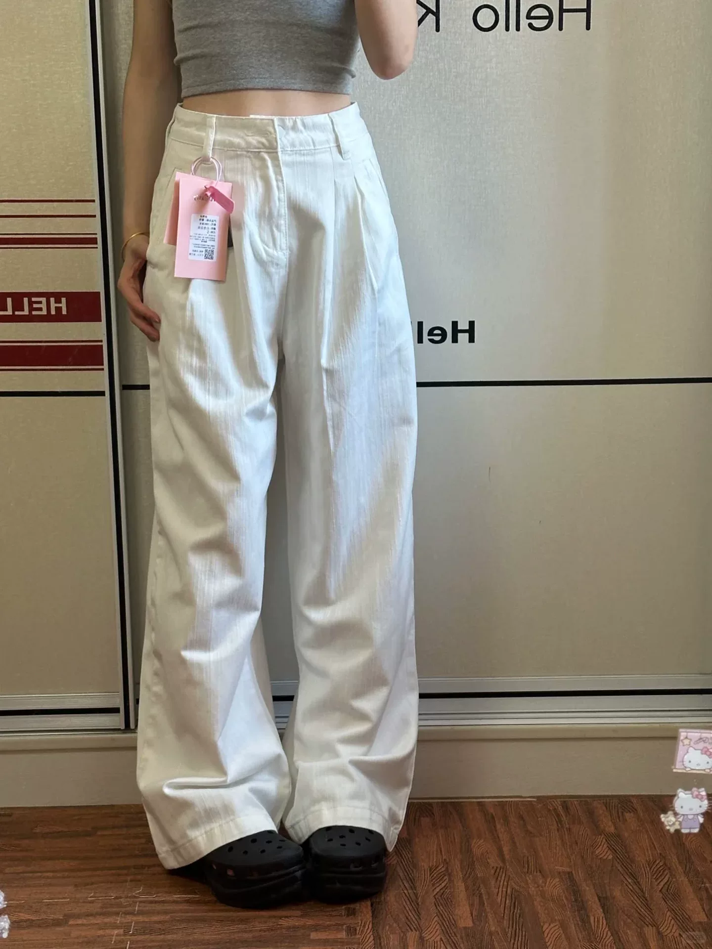 Quần jean ống rộng màu trắng có họa tiết dành cho nữ, phong cách đầu thu, cỡ lớn, lưng cao, dáng rộng, che hông, giảm béo, quần ống thẳng