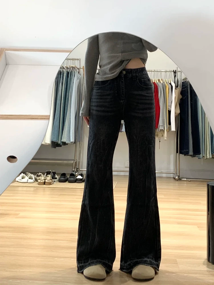 Quần jean loe nữ không bó sát chân, kiểu mới xuân 2025, size lớn, cạp cao, rộng rãi, che hông, quần chuông tôn dáng