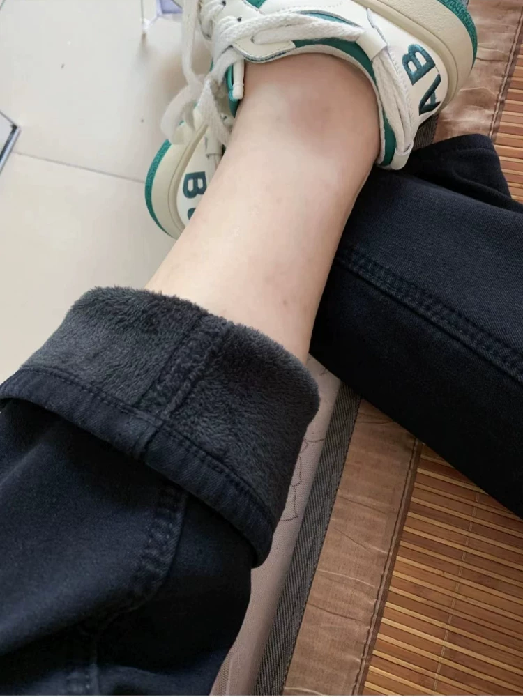 Quần jean ống đứng dáng quả lê dành cho nữ, mùa thu đông, lót lông cừu, dáng nhỏ nhắn, cỡ lớn, cạp cao, quần thuốc lá thon gọn