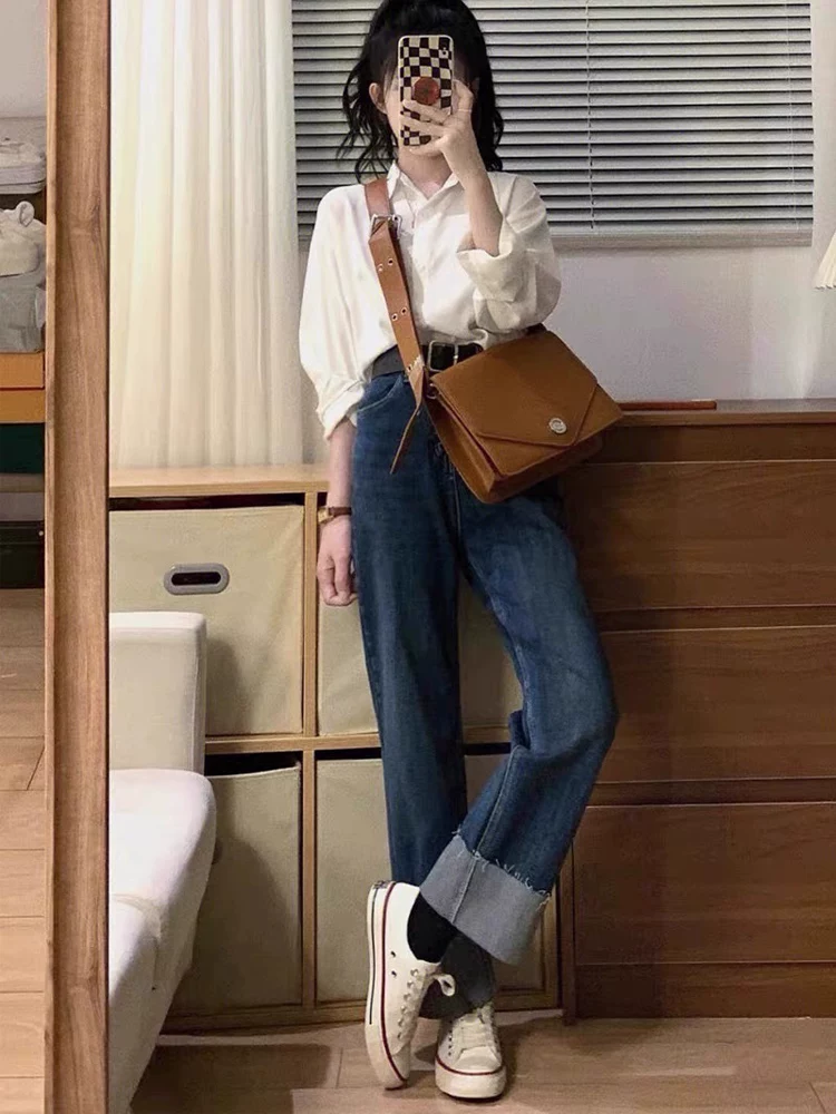 Quần jean ống đứng dáng lê dành cho nữ, kiểu dáng mùa thu mới, cỡ lớn, lưng cao, co giãn, che hông, quần thuốc lá tôn dáng