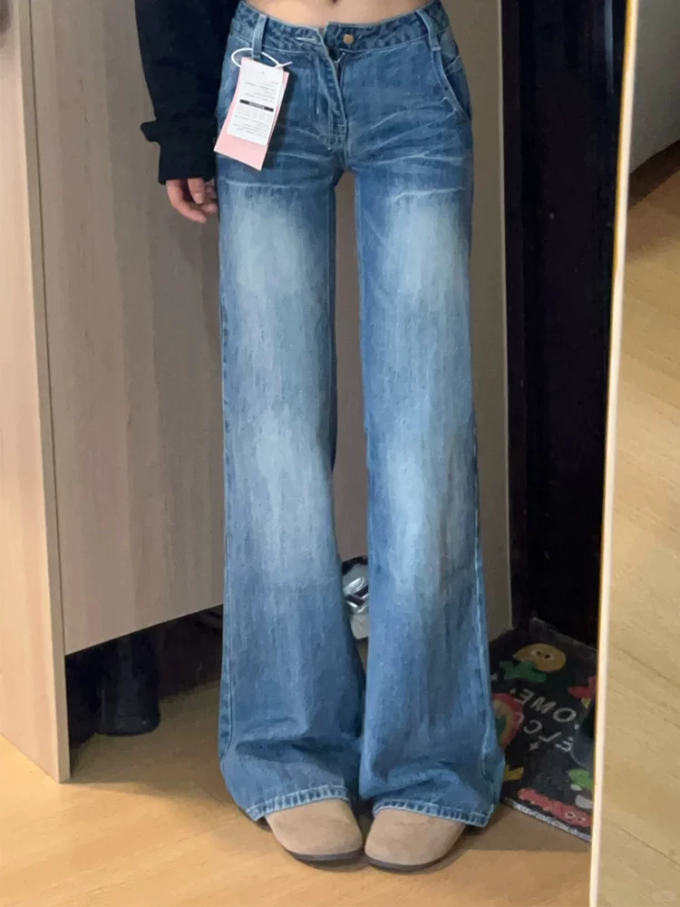 Quần jean ống loe kiểu Mỹ cổ điển dành cho nữ, mùa thu, cỡ lớn, lưng cao, tôn dáng, dành cho người có thân hình quả lê, quần ống rộng hẹp