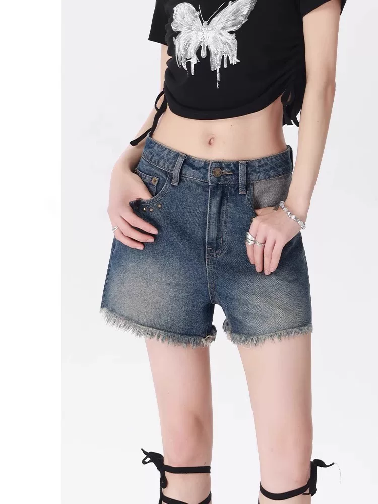 Quần short denim cổ điển kiểu Mỹ dành cho nữ, dáng quả lê mùa hè, cỡ lớn, lưng cao, dáng rộng, thon gọn, dáng chữ A, viền sờn, quần ống rộng