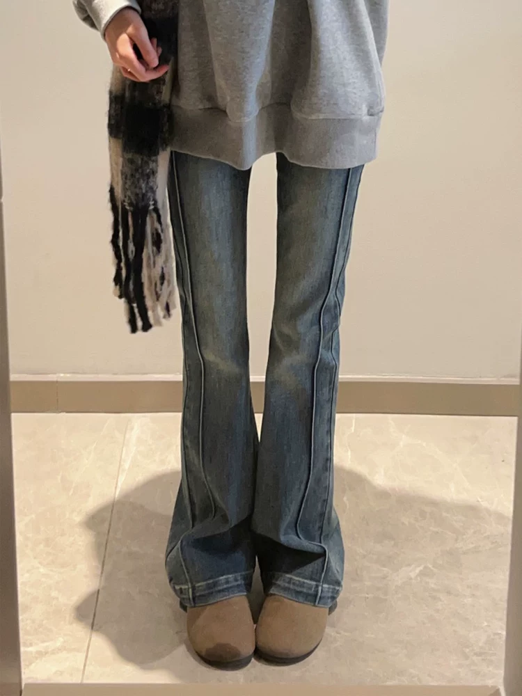 Quần jean ống loe màu xanh cổ điển dáng quả lê dành cho nữ đầu thu cỡ lớn quần ống loe cạp cao co giãn che hông quần ống loe thẳng
