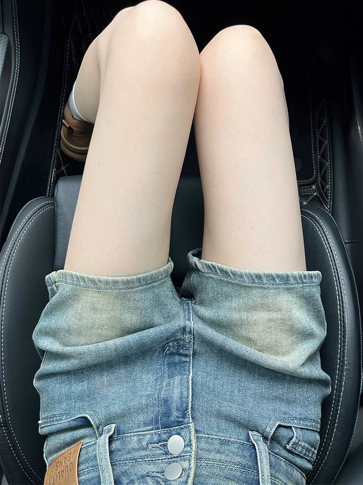 Quần short denim màu xanh cổ điển hình quả lê dành cho nữ, cỡ lớn mùa hè, lưng cao, co giãn, che hông, quần chữ A giảm béo