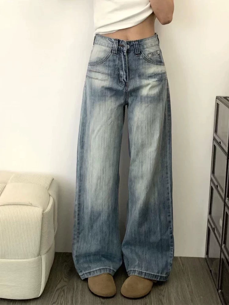 Quần jean ống thẳng kiểu Mỹ cổ điển dành cho nữ, cỡ lớn, phong cách mới đầu thu, lưng cao, dáng rộng, giảm béo, ống rộng, quần dài đến sàn