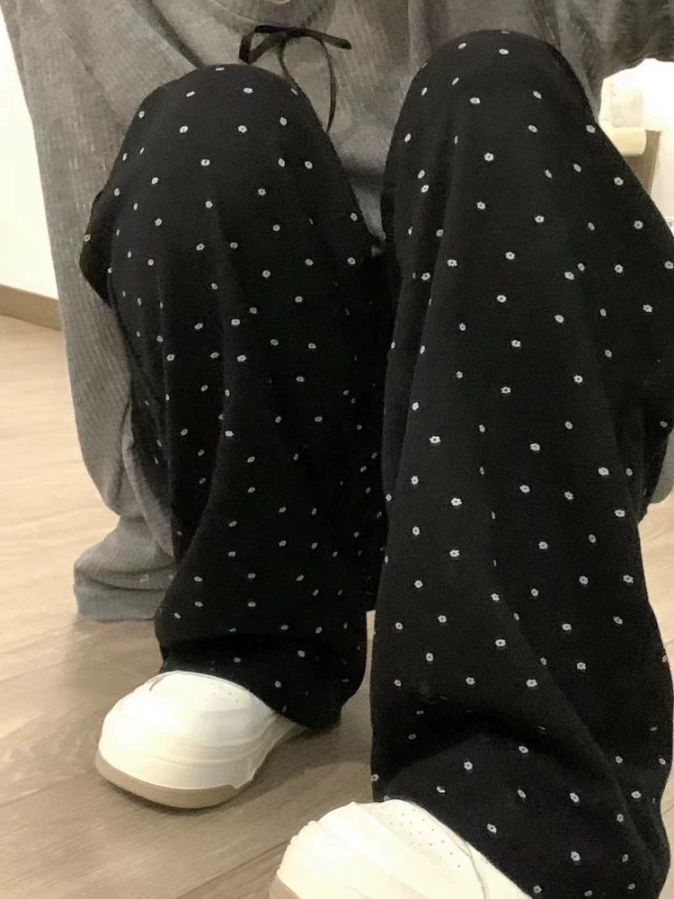 Quần jean ống đứng họa tiết hoa chấm bi phong cách Hàn Quốc dành cho nữ, đầu thu, cỡ lớn, lưng cao, dáng rộng, dáng rộng, quần dài ống rộng