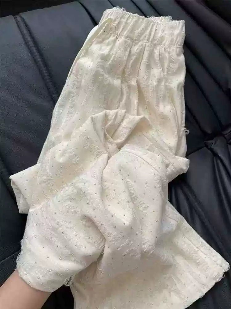 Quần thường ngày đính đá cho nữ, kiểu dáng mỏng mùa hè, cỡ lớn, lưng cao, dáng suôn, thon gọn, dáng quả lê, quần dài ống rộng thẳng