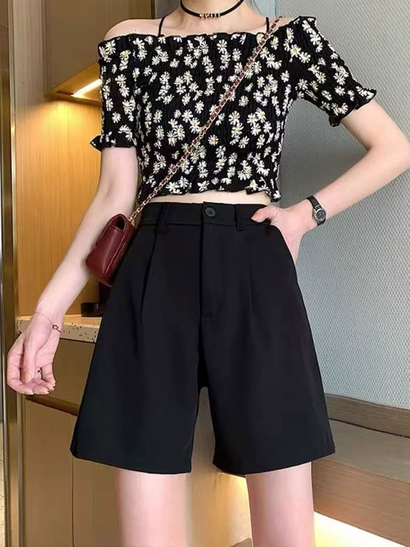 Quần short mùa hè dành cho nữ, cỡ lớn, cạp cao, che hông, giảm béo, dáng quả lê, ống rộng thẳng, quần dài vừa phải