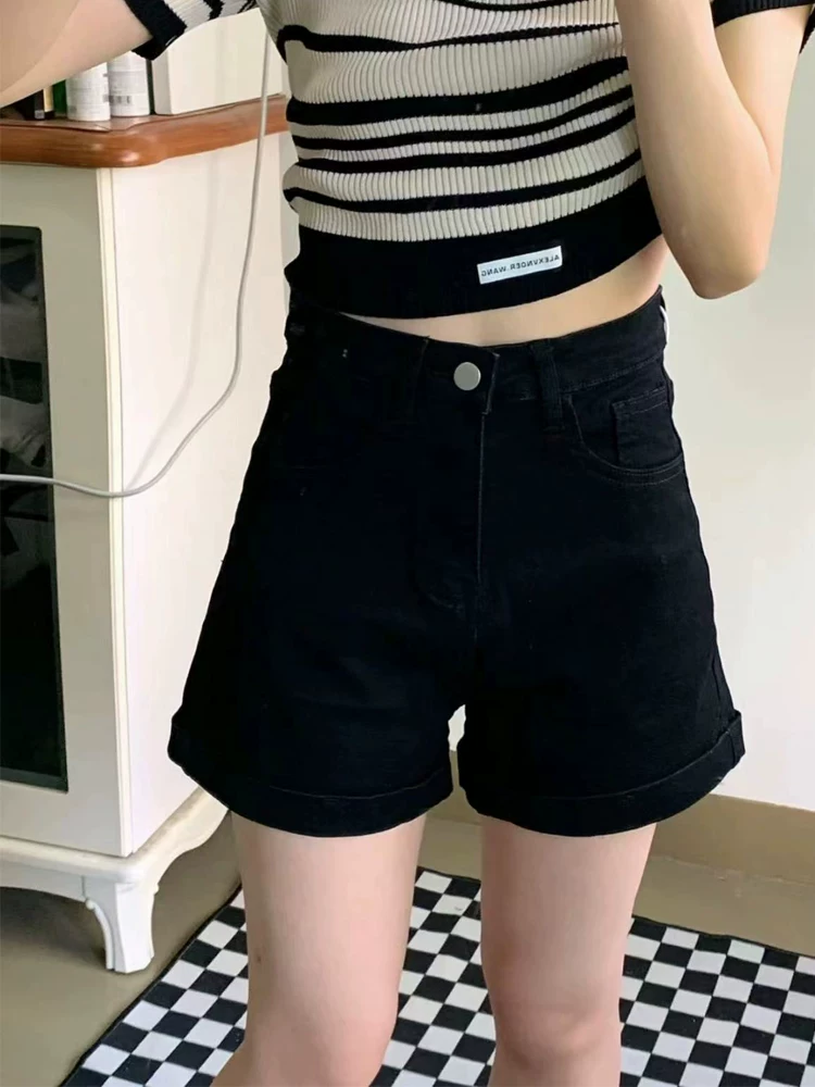 Quần short denim đen dành cho nữ, mùa hè, cỡ lớn, lưng cao, co giãn, che hông, giảm béo, dáng quả lê, dáng chữ A, quần ống rộng