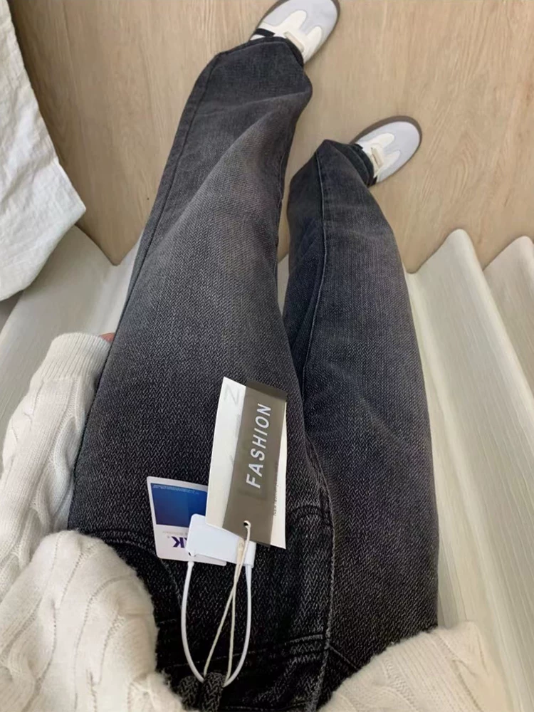 Quần jeans ống đứng màu đen và xám dành cho nữ, thu đông 2024, size lớn, cạp cao, rộng rãi, tôn dáng, dành cho người có dáng quả lê, quần ống rộng