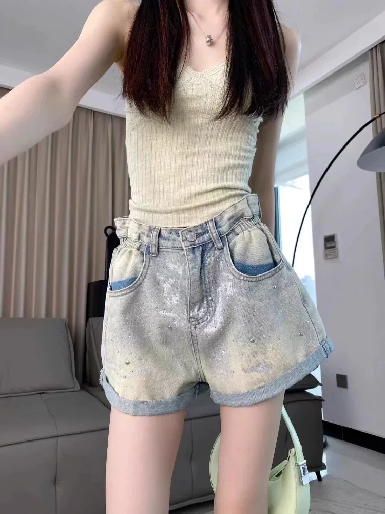 Quần short denim đính đá cho nữ, kiểu dáng mỏng mùa hè, cỡ lớn, lưng cao, che hông, giảm béo, dáng quả lê, quần ống rộng chữ A
